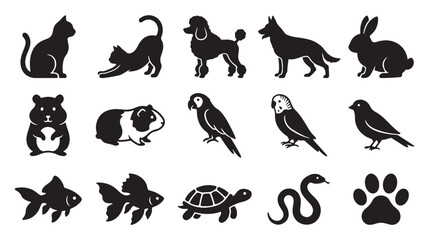 Fototapeta premium Pet silhouette icon set. Includes cat, dog, rabbit, hamster, parrot, goldfish, and turtle symbols. Black vector elements for veterinary clinic and pet shop.