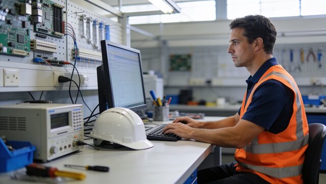 Industrial microchip designer reviewing semiconductor layouts on computer in electronics facility.