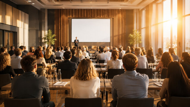 Large business conference audience watching keynote presentation in modern auditorium with warm sunset light