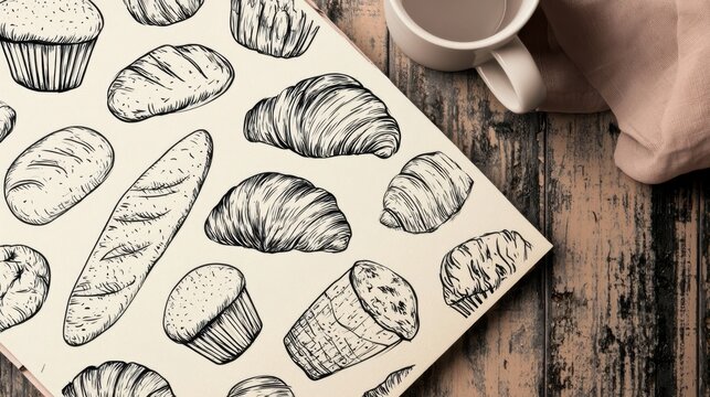 Hand-drawn of assorted breads and pastries on cream paper next to a coffee mug on a rustic wooden surface