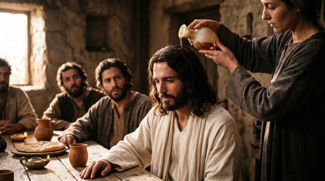 Woman pours expensive oil on head of Jesus as he sits with disciples in Bethany. Biblical scene inspired by Matthew 26. Historical reconstruction of the anointing at the house of Simon.