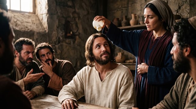 Woman anointing head of Jesus with ointment from alabaster jar in house. Biblical scene of devotion and sacrifice. Historical re-enactment of religious narrative from Matthew gospel.