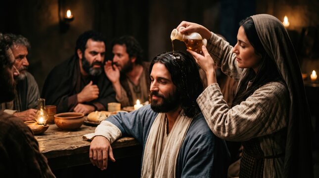 Woman anointing head of Jesus with expensive oil from alabaster jar. Historical biblical scene depicting devotion and respect in ancient home. Religious narrative of holy act.