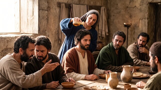 Woman anointing head of Jesus with oil at dinner table with disciples. Biblical scene of faithful act during Passover. Ancient Middle Eastern setting for religious faith meditation.
