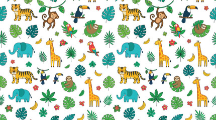 Seamless pattern of cute watercolor safari jungle animals on white background © MDABU