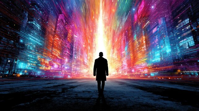 A silhouette of a person walks towards a vibrant light tunnel amidst city skyscrapers