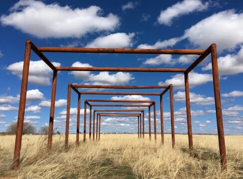 Rusty metal monkey bar structure in a vast open field under a cloudy sky