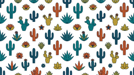 Obraz premium Seamless pattern illustration of various colorful desert cacti and succulents