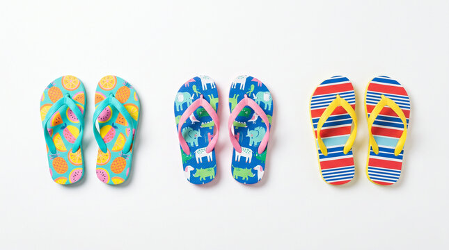 Colorful flip-flops displayed on white background  