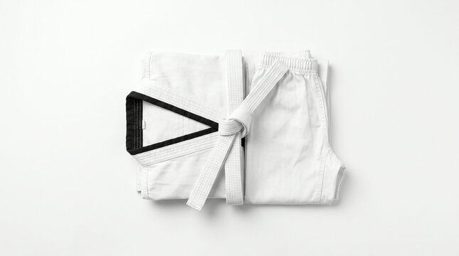 White karate uniform neatly folded with black belt on white background  
