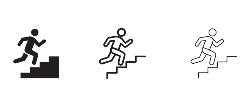 Person Running Up Stairs Icon Set Showing Different Stylized Designs For Fitness And Sports Graphics