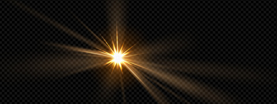 Golden glow sun with jesus light flare for gold sunlight effect. Sunray shine bg with orange ray burst for radial window background. Vector transparent sunshine with sunrays camera lens summer
