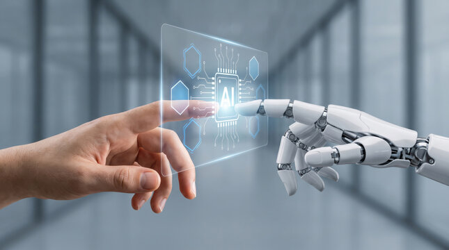 Ai workflow automation agent concept human finger touch robot hand glass screen. Smart agentic intelligence system. management analysis dashboard, process flowchart node