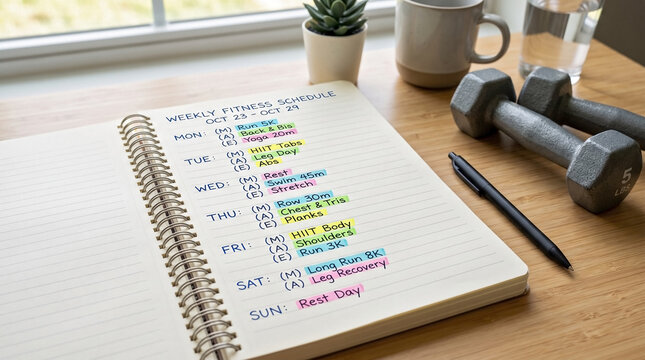 Weekly fitness schedule written in spiral notebook on wooden desk, color coded workout plan with daily exercises like run swim yoga. Concept fitness schedule for health and wellness journey planning.