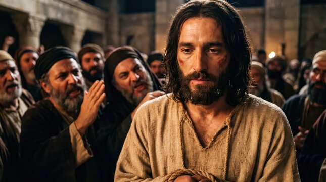 Jesus Christ arrested by guards in the biblical garden of Gethsemane. Religious scene depicting the passion of Christ and betrayal. Historical drama showing the humble prophet man.
