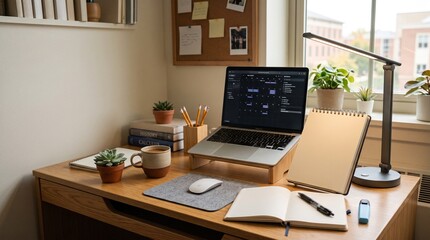 Fototapeta premium Modern Home Office Desk Setup with Laptop Plants and Coffee Mug for Productive Work