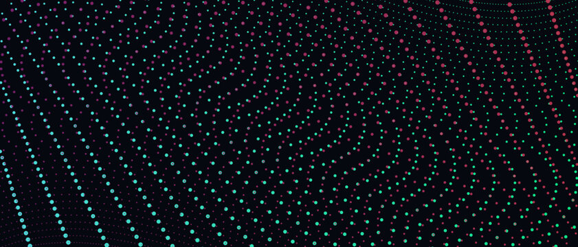Vibrant halftone braided horizon, abstract DNA mesh. Dynamic dotted fluid s-curve moire. Vector graphic overlay template.