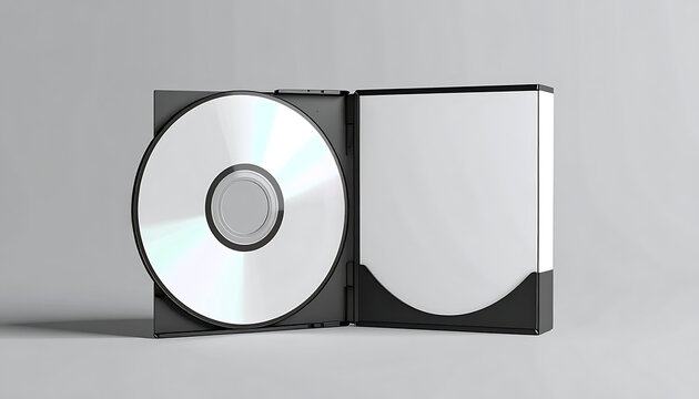 Isolated cd case with disc inside, opened, plain white cover for branding, grey background