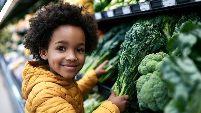 Young child smiling while shopping for fresh kale and broccoli