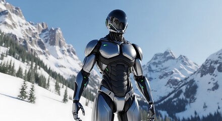 Naklejka premium Futuristic robot standing in front of snowy mountain peaks in winter