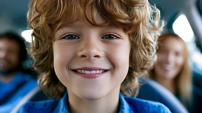 Happy boy smiling during family car travel