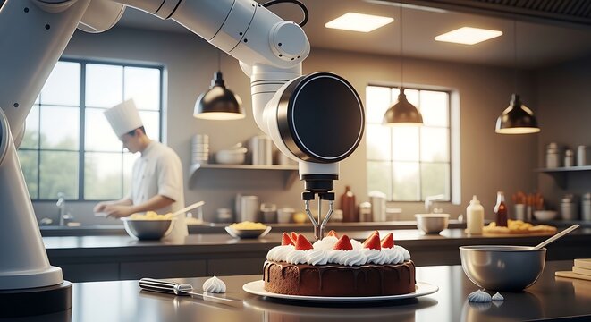 Robotic arm decorating a delicious cake in a modern kitchen setting