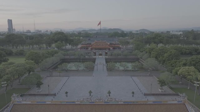 Aerial drone view of Hue Imperial Citadel featuring Ngo Mon Gate, Thai Hoa Palace and Kien Trung Palace, showcasing Vietnam's UNESCO royal heritage, ancient architecture and cultural landmark.