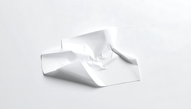 Isolated crumpled white paper sheet with sharp folds and textured surface on a plain light background, abstract