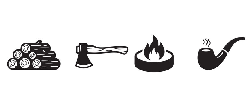 Woodpile, axe, campfire, and smoking pipe logs firewood