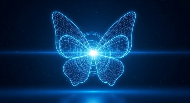 Glowing digital butterfly icon with blue light effects on black