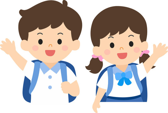 Cute School Boy and Girl with Backpacks Waving Flat Vector Illustration, Back to School Kids Characters