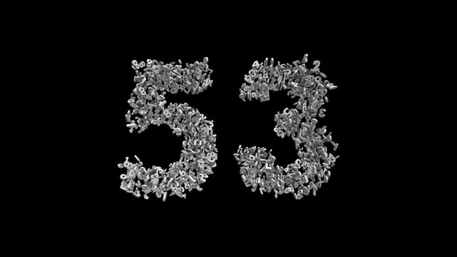 Number 53 Formed by Small Digits Animation with Alpha Channel. Typographic Number Formation Effect. Digital Number Made of Numbers. 3D Font Typographic Animation. Transparent BG