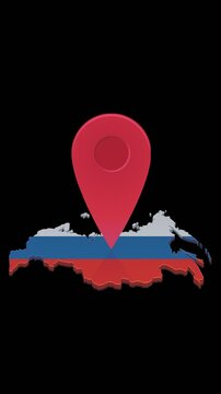 Travel destination, geolocation navigation, and Russian logistics concept represented by a bouncing map pin on Russia map. Chroma key green screen with alpha channel. (loopable)