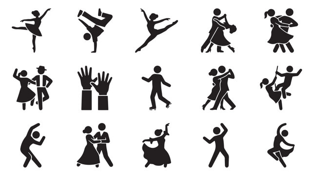Dancing people solid icon set. Features ballet, breakdance, salsa, tango, and ballroom dancers. Black pictograms for dance school and performing arts.