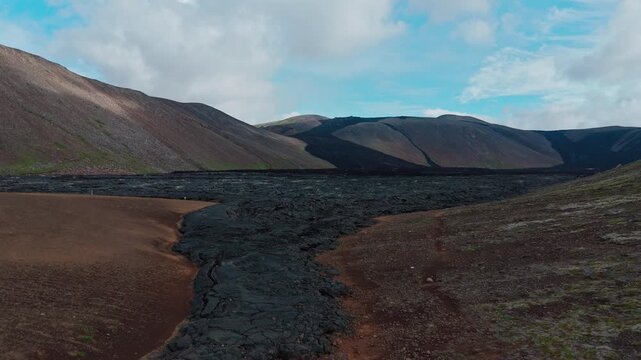 Aerial Drone Dolly In over Black Fagradalsfjall Lava Field in Iceland Landscape