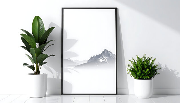 Interior scene featuring a framed artwork of misty mountains between two potted green plants against a white wall with soft shadows, home decor mockup