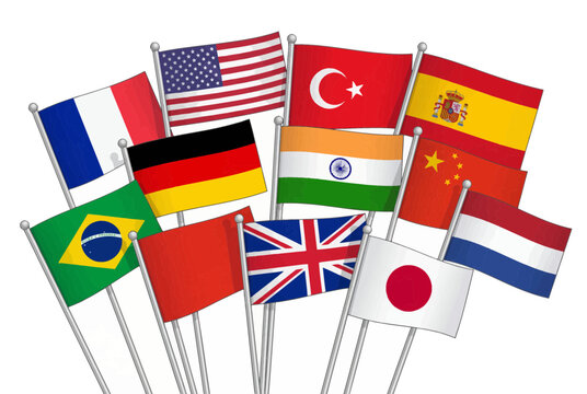 Collection of international flags on poles. Global world countries waving banner set.