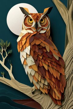 Layered paper art owl perched on a branch under a full moon at night