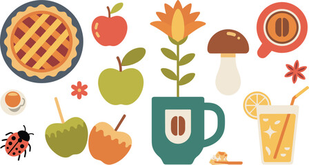 Autumn collection flat vector illustration elements. Lattice pie, apples, coffee mugs, mushrooms, flowers, lemonade, and a ladybug showcase cozy seasonal items. © ALINA