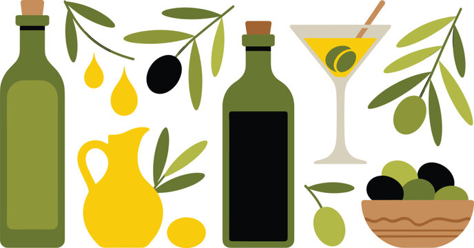Olive oil flat vector illustration set. Green bottles, a yellow pitcher, fresh branches, droplets, a martini glass, and a wooden bowl showcase Mediterranean culinary ingredients.