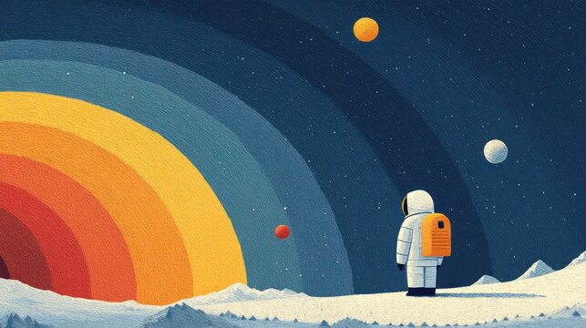 An astronaut observes a colorful arc on an icy world with stars and floating spheres