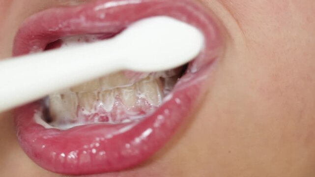 Close-up of brushing teeth with foam and toothbrush, oral hygiene routine