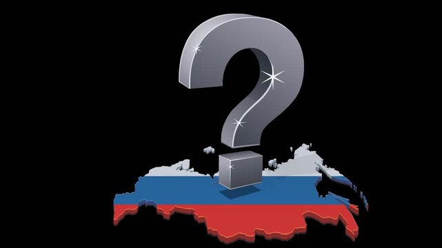 Uncertain future, geopolitical mystery, and decision making concept with floating question mark over Russia map. Chroma key green screen with alpha channel. (loopable)