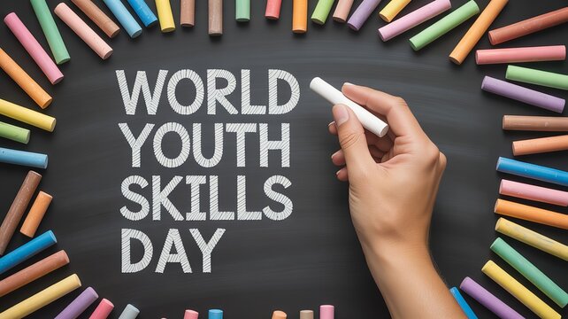 Chalkboard with World Youth Skills Day text and colorful chalk pieces arranged in circular pattern symbolizing creativity and education
