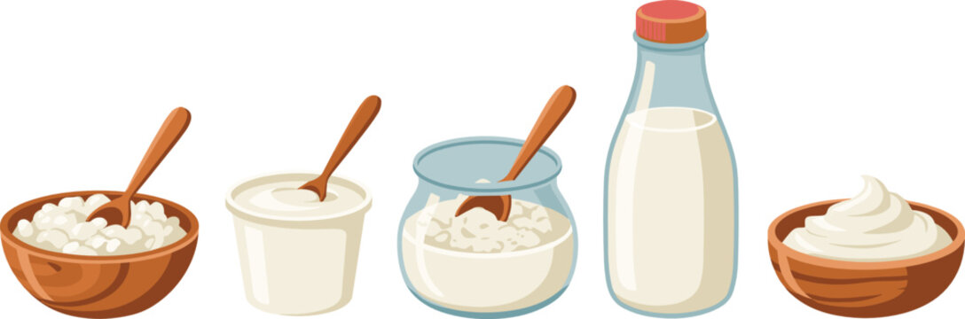 Dairy products flat vector illustration assortment. Glass bottles, wooden bowls, plastic cups, spoons, milk, yogurt, sour cream, and curd display fresh healthy food.