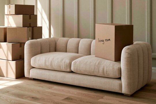 Stacked cardboard moving boxes surround a tailored oatmeal linen sofa, including one box labeled living room, with paneled walls, pale wood flooring, and bright sunlight suggesting an unpacking scene