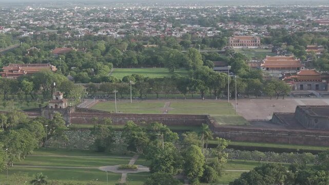 Aerial drone view of Hue Imperial Citadel featuring Ngo Mon Gate, Thai Hoa Palace and Kien Trung Palace, showcasing Vietnam's UNESCO royal heritage, ancient architecture and cultural landmark.