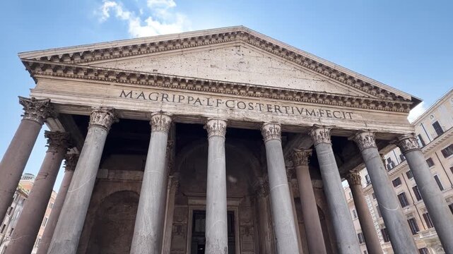 Low angle details of Pantheon facade and columns in Rome Italy, Pantheon of Agrippa