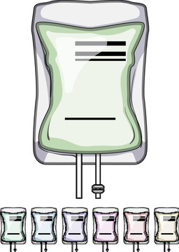 saline iv fluid bag cartoon. infusion hydration, electrolyte therapy, drip solution saline iv fluid bag sign colorful illustration