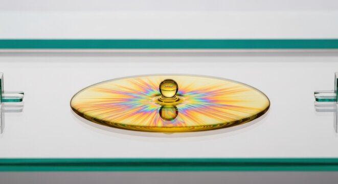 Delicate liquid droplet suspended above a shimmering colorful disc reflecting intricate rainbow patterns of light on a microscopic scale capturing the ephemeral beauty of surface tension phenomena and